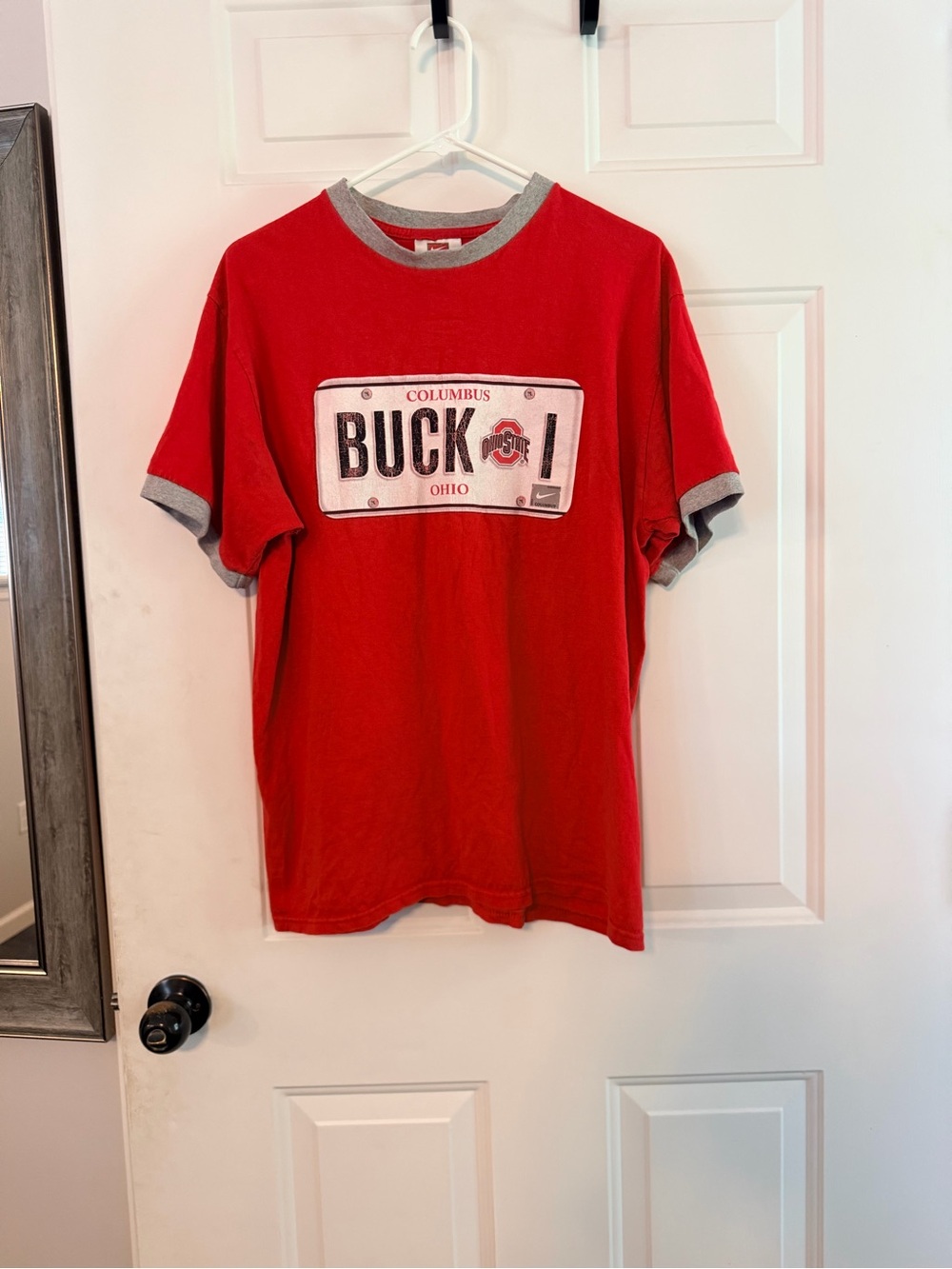 Nike Red Ringer Tee with Gray Trim and Columbus Buckeyes License Plate Graphic